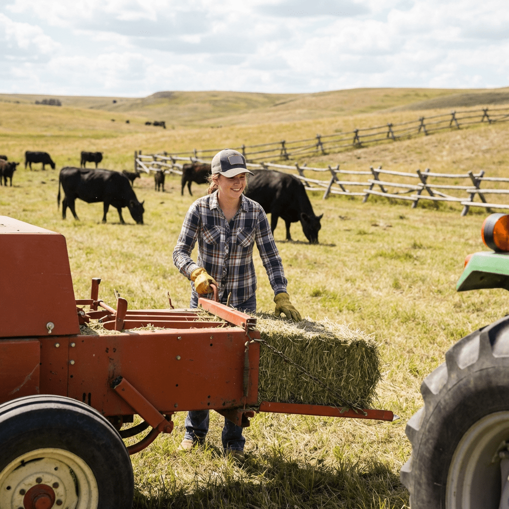 A person loading a hay bale onto farm equipment in a pasture with grazing cattle.
