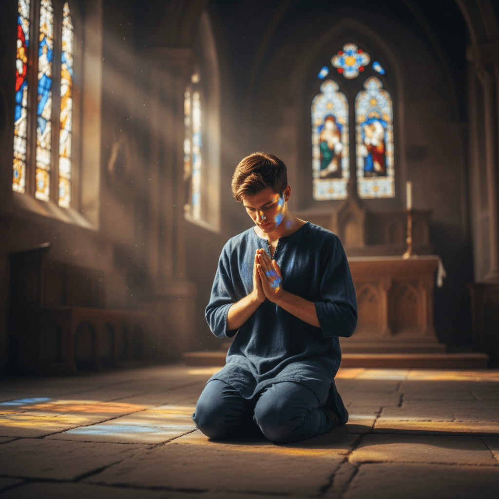 A man kneels in prayer inside a cathedral with sunlight streaming through stained glass windows.