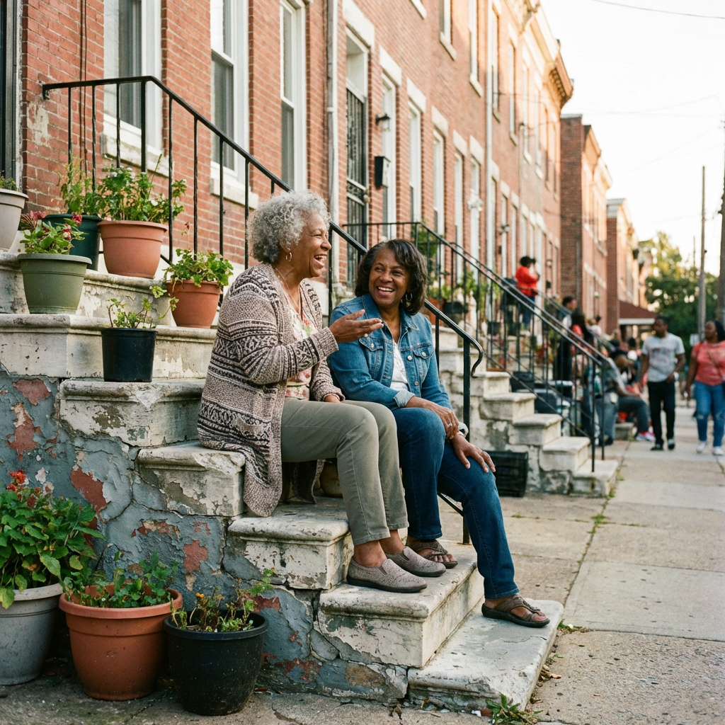 Two women sit on city steps, laughing and talking together in the afternoon sun.