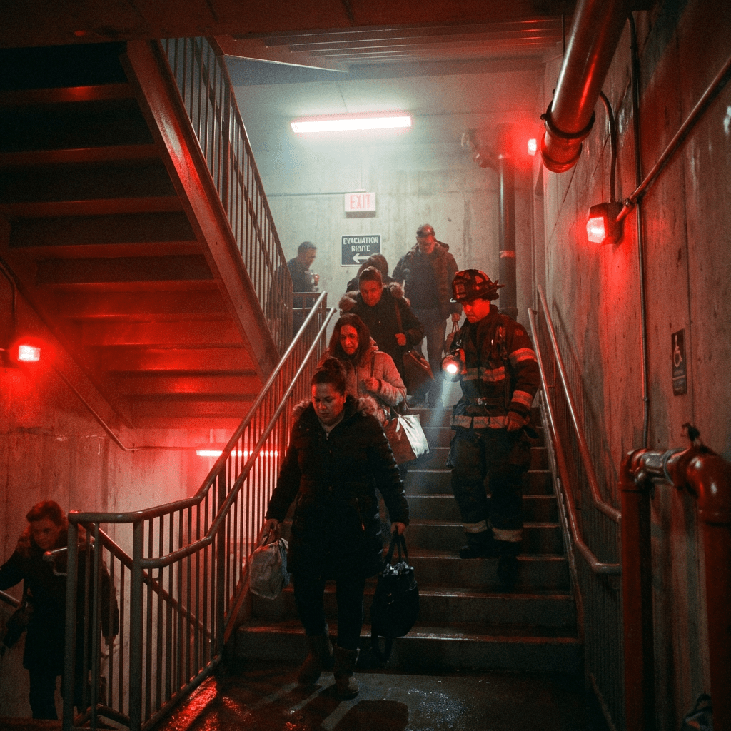Group of people and firefighter evacuating down basement stairs with red emergency lights