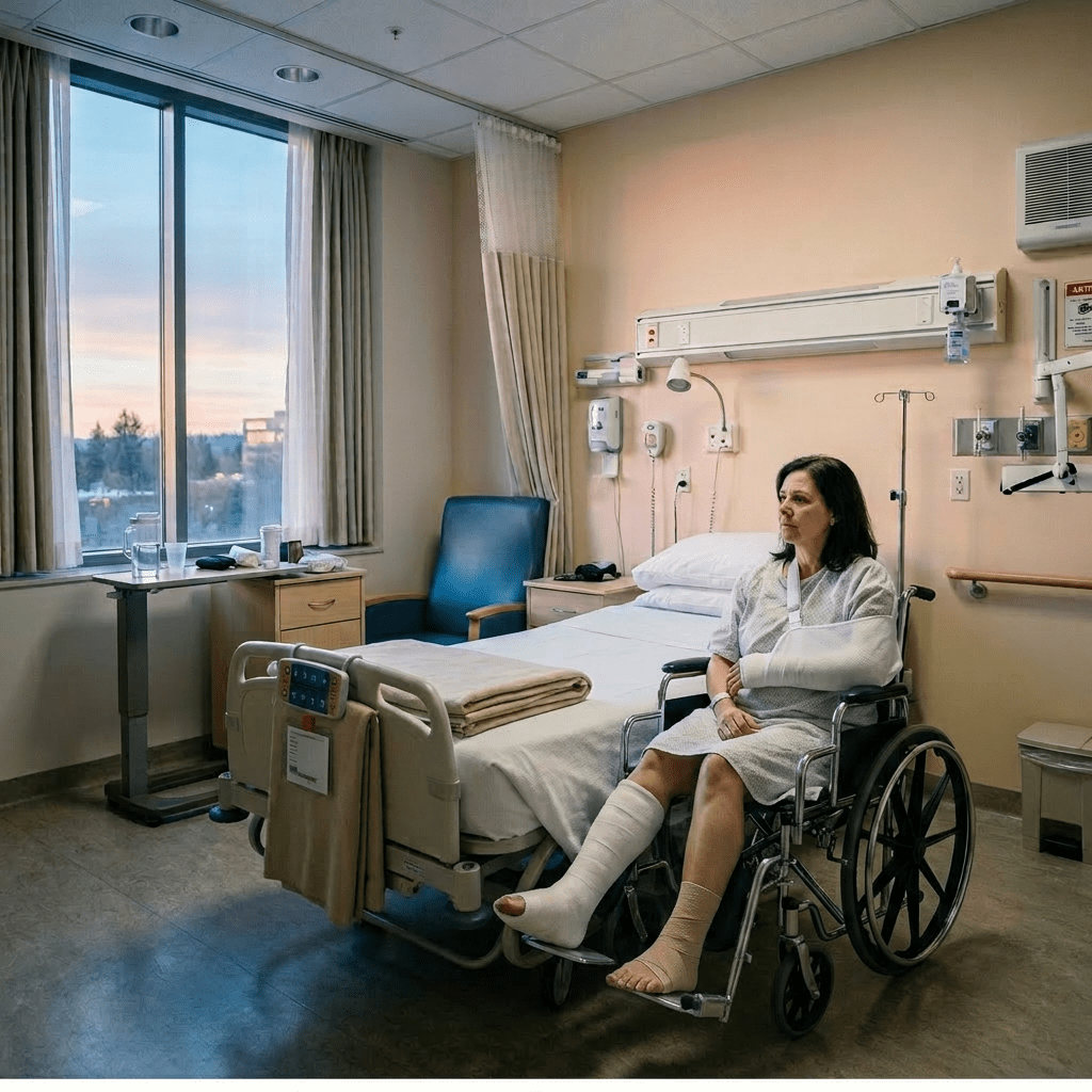 Empty hospital room with a single bed, chair, and window showing sunset
