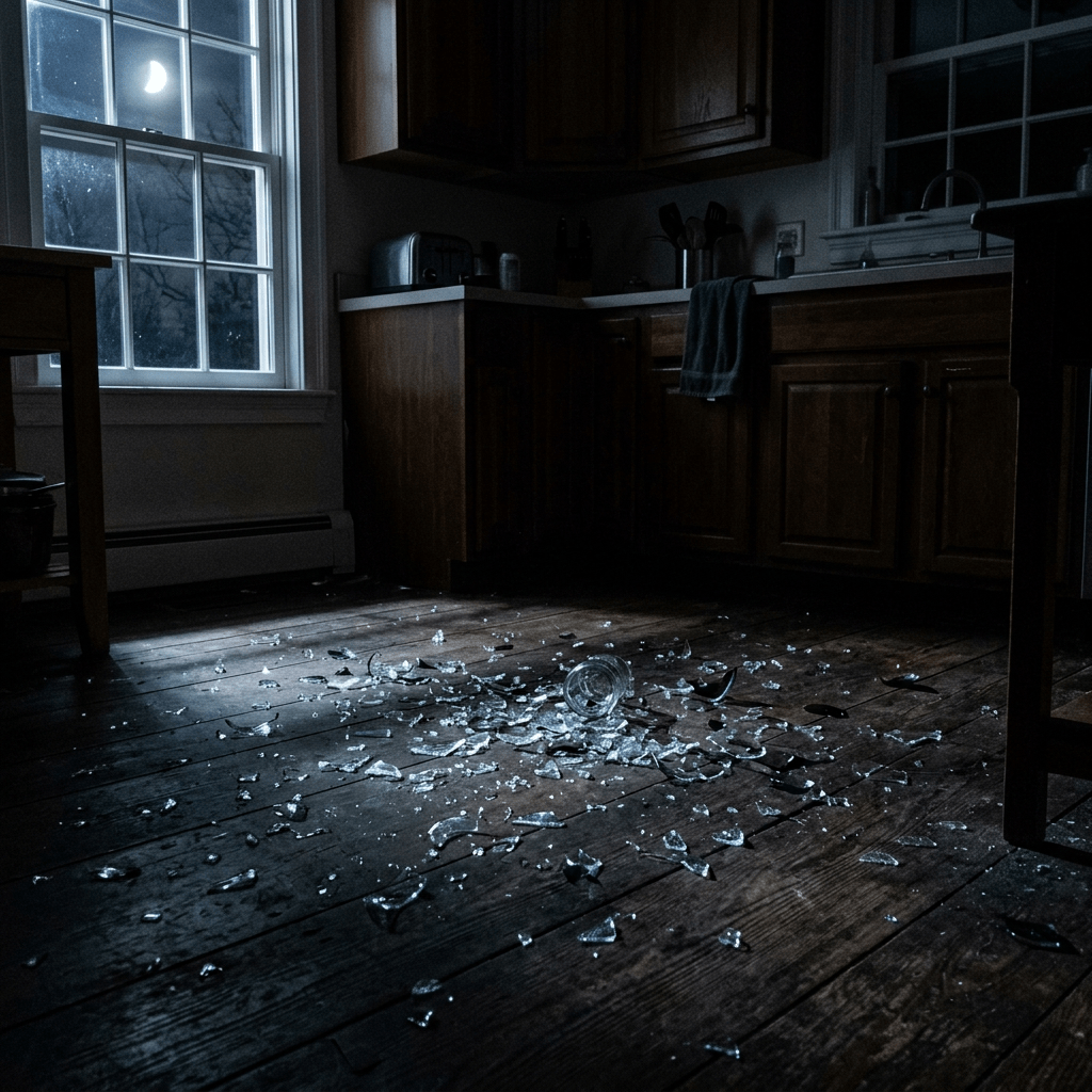 Broken glass pieces scattered on wooden kitchen floor at night
