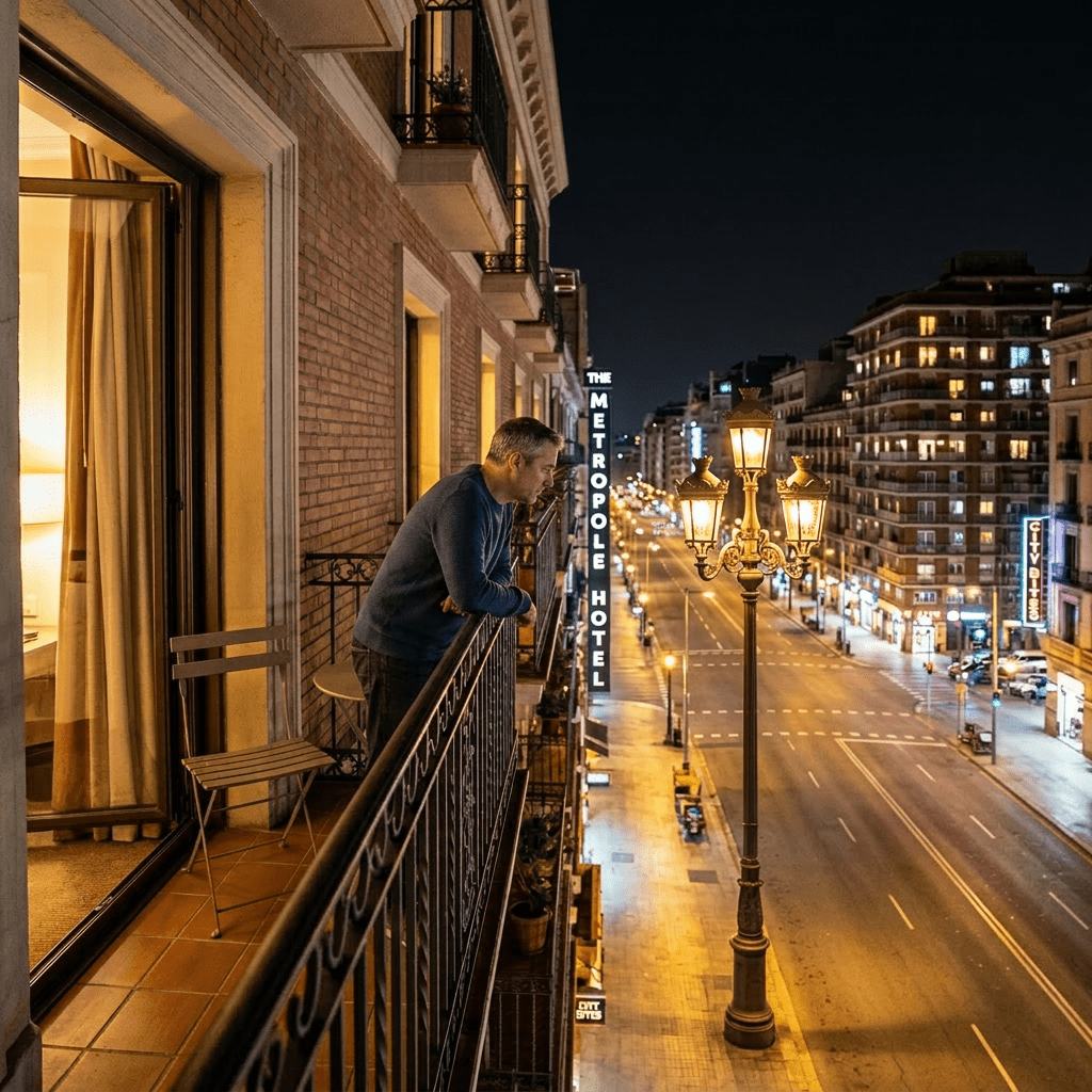 Man standing on hotel balcony overlooking a busy city street at night