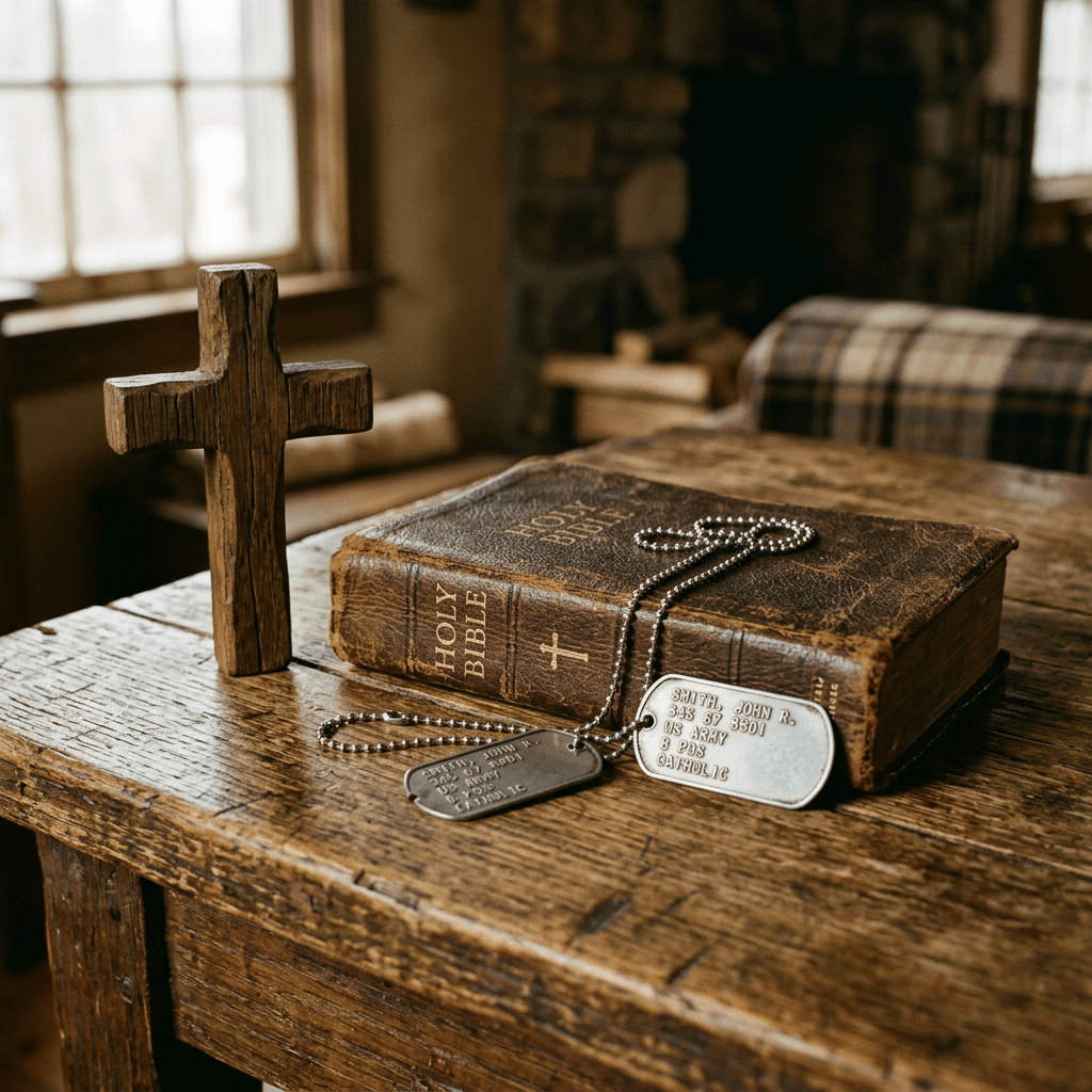 Wooden cross, worn Holy Bible, and military dog tags on wooden table