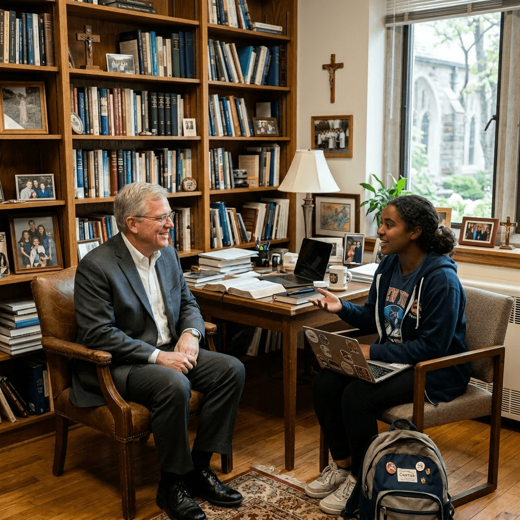 Student talking with a priest in an office with bookshelves and religious items.