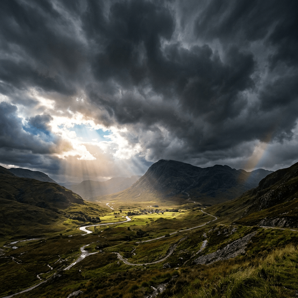 Mountain valley illuminated by sunlight breaking through dark clouds with a visible rainbow