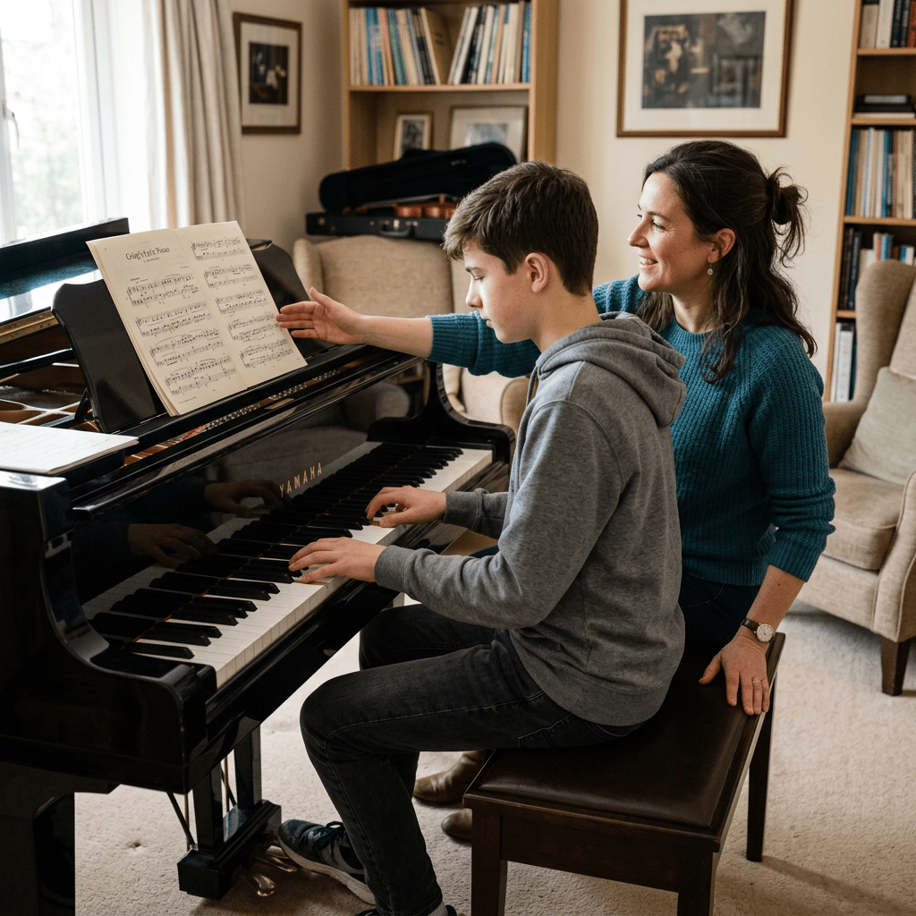 A boy playing piano while woman points to sheet music