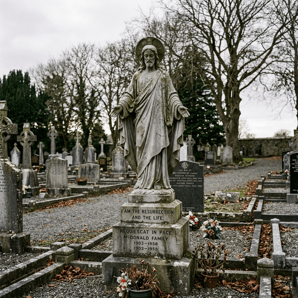 Statue of Jesus with outstretched arms on a gravestone in a cemetery