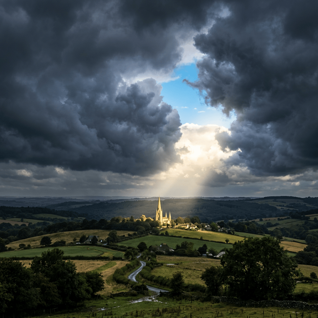 Sunbeam shining on church steeple in rolling green countryside under dark clouds