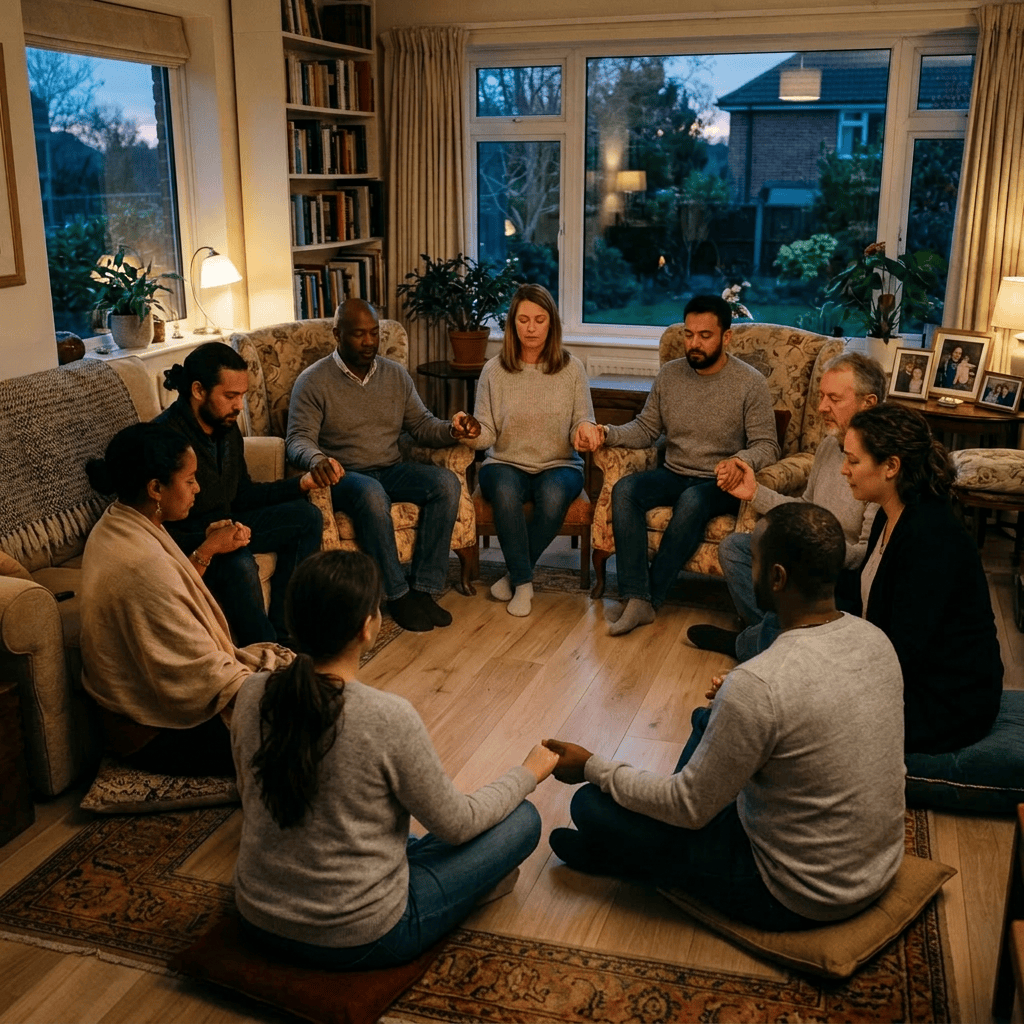 Diverse group sitting in a circle meditating around a small fire pit indoors