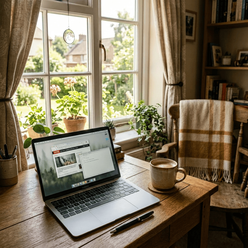 Desk near window with open notebook, pen, coffee, and potted plants