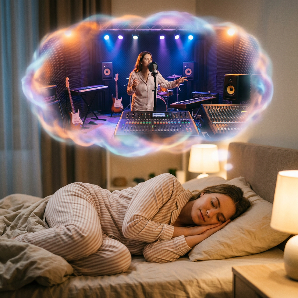 Woman sleeping in bed dreaming of singing in music studio with instruments and recording equipment