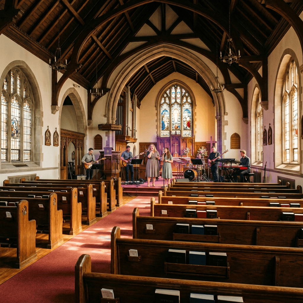 Historic church interior with wooden pews, stained-glass windows, and altar