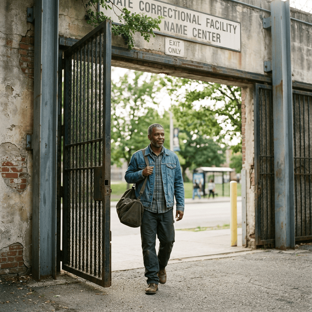 Man carrying a duffel bag exits a state correctional facility; sign reads “STATE CORRECTIONAL FACILITY NAME CENTER” and “EXIT ONLY.”