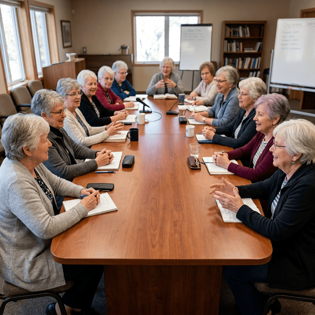 Women participating in a Bible study around a conference table