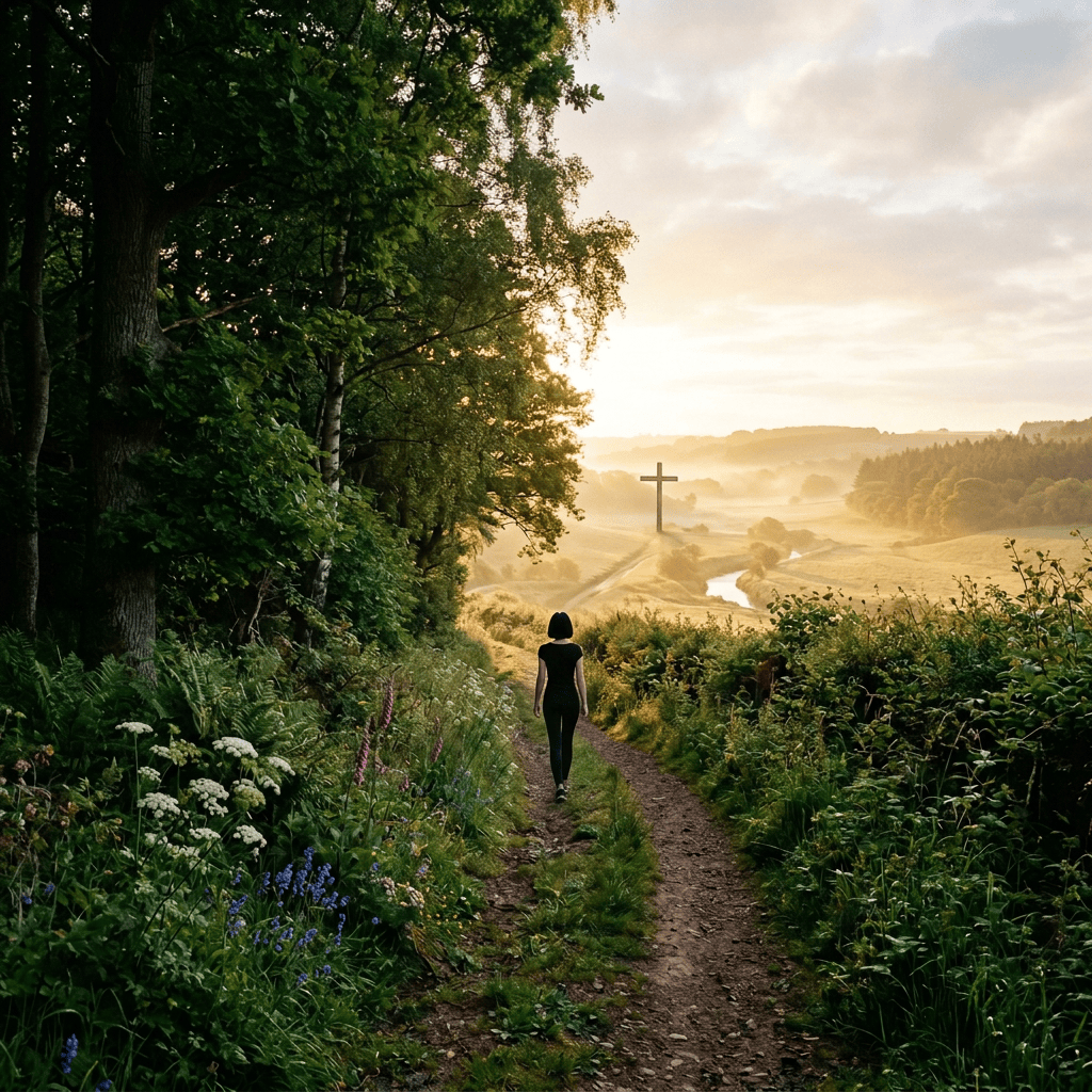 Flower-lined woodland path leading toward a misty sunlit valley
