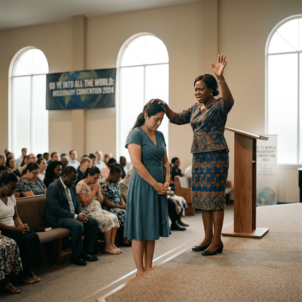 Woman praying over participant at International Convention 2024