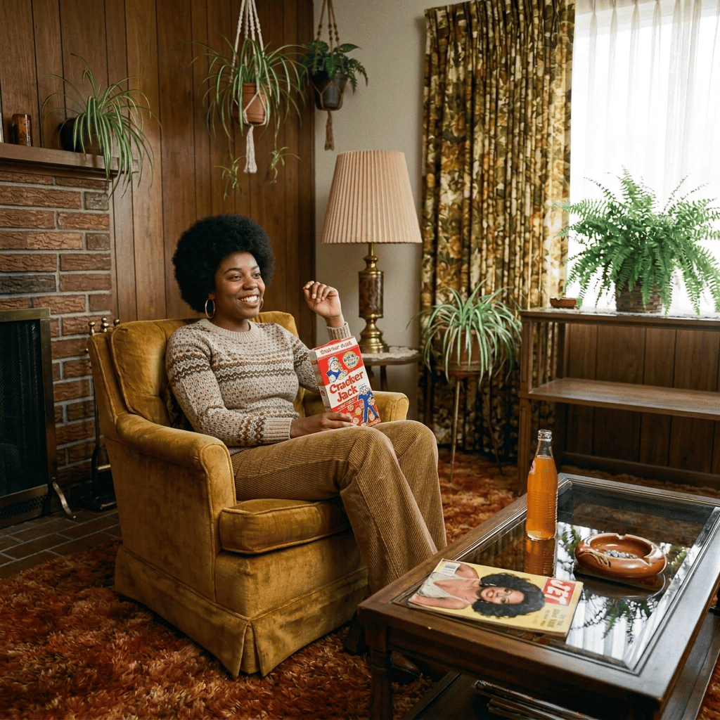 Woman holding Cracker Jack in vintage living room with television